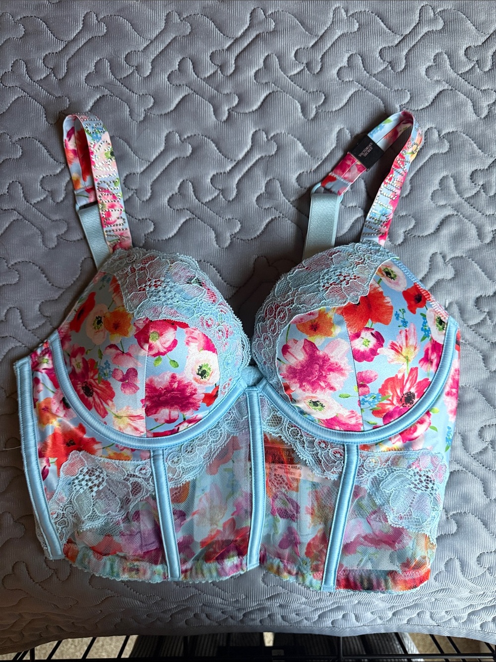 Victoria SecretFloral Lace Longline Bra in Light Blue and Pink - Elegant Support